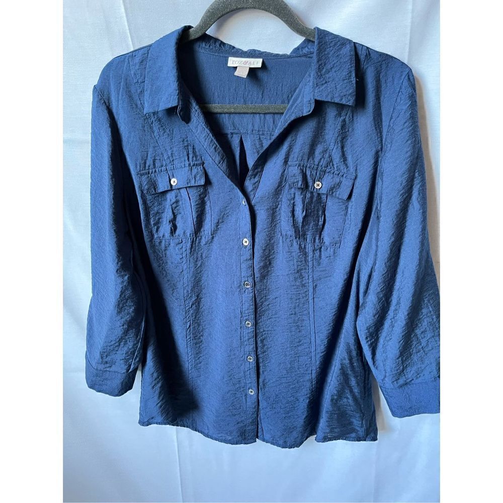 Roz & Ali Celestial Blue Roll Tab Button Front Blouse Utility Shirt Large
